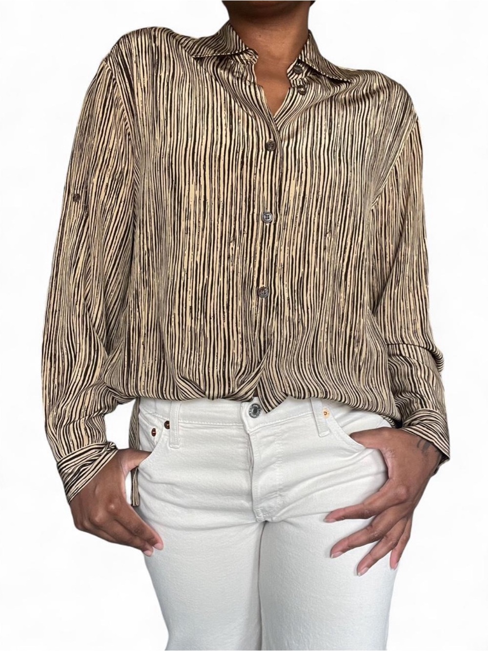 VTG 90s Jones New York 100% Silk Striped Button Up Oversized Sz M Office Casual